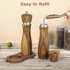 2 Pack Acacia Wood Salt and Pepper Grinder Set – 8” Manual Mills with Adjustable Ceramic Core, Stainless Steel, Tray, Spoon, Brush & Funnel – Rustic Wooden Gift Set for Kitchen or Table