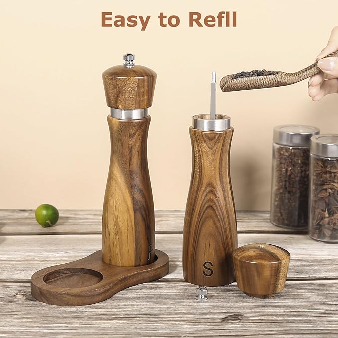 2 Pack Acacia Wood Salt and Pepper Grinder Set – 8” Manual Mills with Adjustable Ceramic Core, Stainless Steel, Tray, Spoon, Brush & Funnel – Rustic Wooden Gift Set for Kitchen or Table
