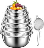 8+1 Stainless Steel Colander Set with Mixing Bowl, 4 Sizes (1.8QT, 2.3QT, 3QT, 4QT) with 1 Mesh Strainer, for Washing Rice, Fruits, Vegetables, Draining Pasta, Meat, and Spaghetti