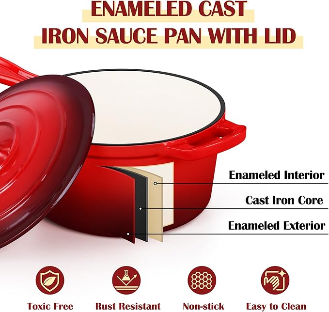 E-far Enameled Cast Iron Sauce Pan, 2 Quart Dutch Oven Saucepan with Lid, Small Sauce Pot for Cooking, Boiling, Healthy & Non Toxic, Induction & Oven Safe, Red