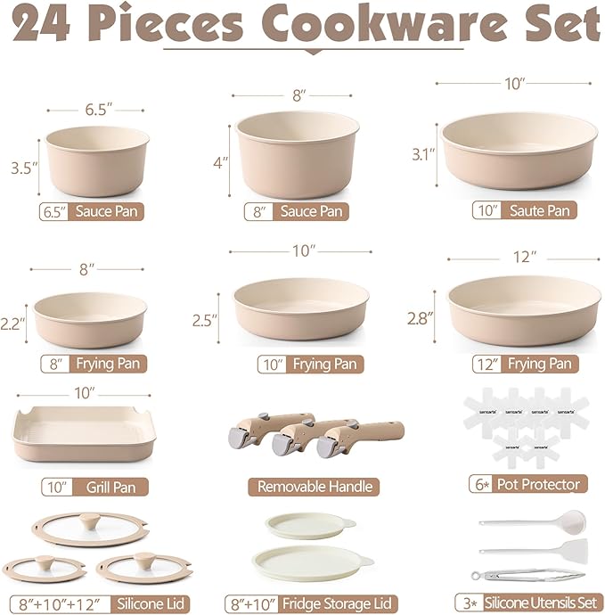SENSARTE 24 Piece Ceramic Pots and Pans Set, Nonstick Detachable Handle Cookware, Induction Cookware Set with Removable Handle, Healthy Non Stick for RV, Dishwasher＆Oven Safe, PFOA Free (Almond Beige)