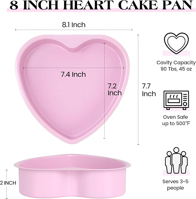 8 Inch Heart Shaped Cake Pans Set 2 Pack Nonstick Cake Pan for Baking Stainless Steel Large Heart Molds (Pink)