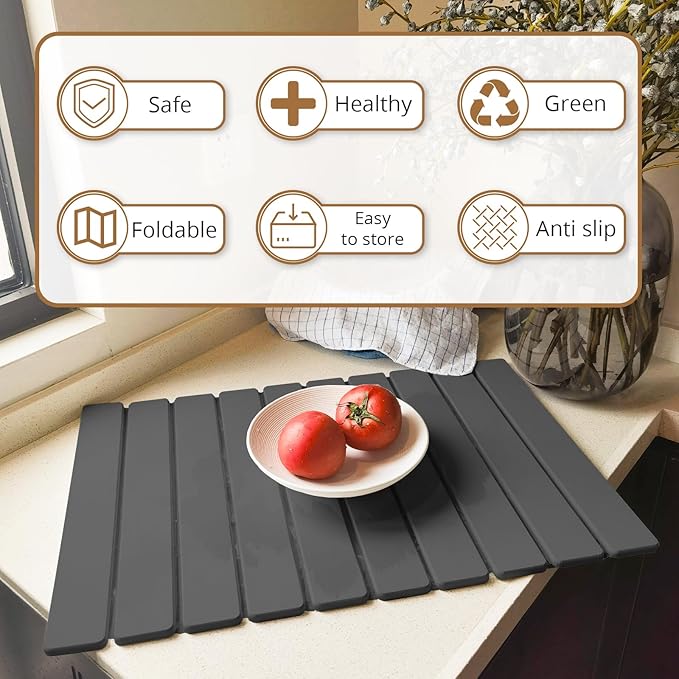 Large Stone Dish Drying Mat for Kitchen Counter, 24"×16" Quick Dry Collapsible Diatomaceous Earth Mat – Super Absorbent Foldable Drying Pad for Dishes (Dark Gray, 23.2" x 15.4")