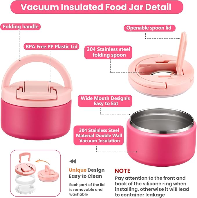 Bento Lunch Box with 8oz Soup Thermo,Kids Leakproof 4 Compartment Lunch Food Containers with Sauce Cup and Ice Pack,Kids Thermo Insulated Hot Food Jar and Lunch Bag for School,Trvael-Pink