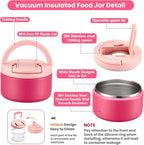 Bento Lunch Box with 8oz Soup Thermo,Kids Leakproof 4 Compartment Lunch Food Containers with Sauce Cup and Ice Pack,Kids Thermo Insulated Hot Food Jar and Lunch Bag for School,Trvael-Pink