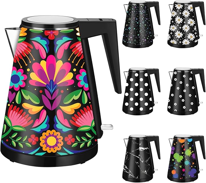 1.2L Double Wall Stainless Steel Interior Water Boiler, Cordless, 1000W Fast Boil with LED Light Coffee Pot & Tea Electric Kettle, Auto Shut-Off and Boil-Dry Protection (Italian Flower)