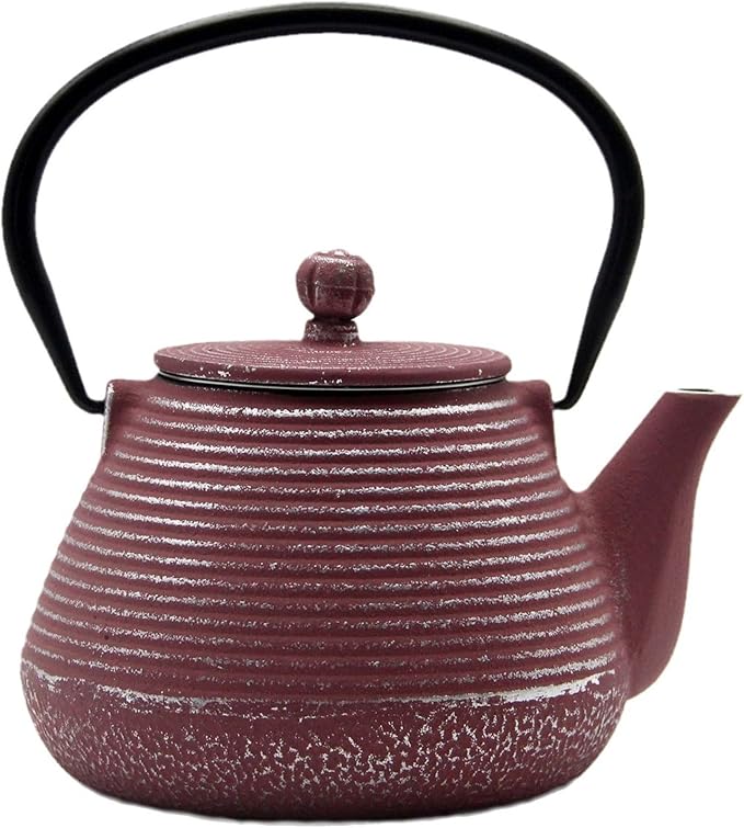 20.3oz Small Cast Iron Teapot, SECHUDO Tea Kettle for Stovetop Safe Coated with Enameled Interior, Tea Pot with Stainless Steel Infuser for Loose Tea (Pink Pinstripe Pattern)