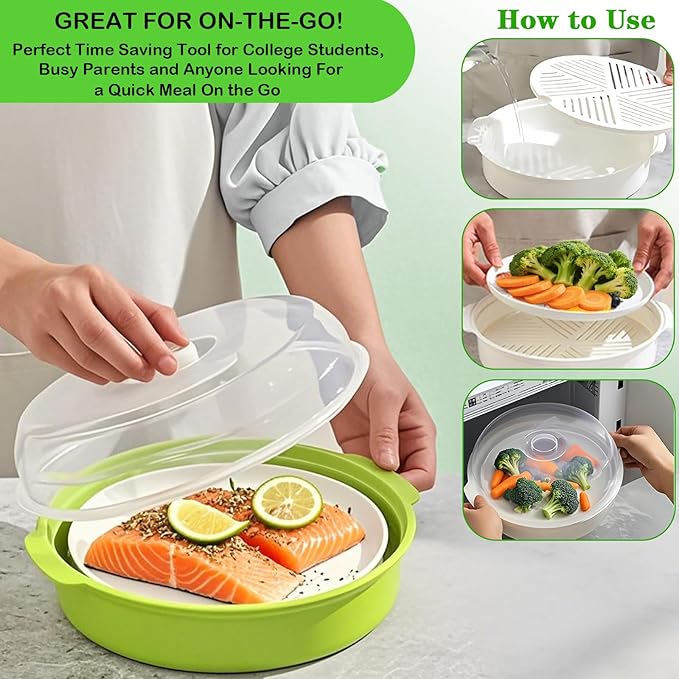 Microwave Steamer for Vegetables, Plastic Microwave Vegetable Steamer with Lid for Vegetables Prep Seafood Fish Cooking, Green-Round, 10Inch