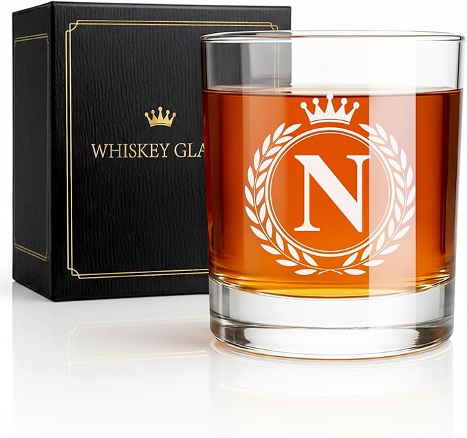 Whiskey Glasses - Rocks Old Fashioned Glass Gifts for Men, Monogrammed A-Z 10oz Personalized Whisky Glasses, Christmas Birthday Gifts for Men Him Dad Father Husband Brother Son (N)