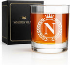 Whiskey Glasses - Rocks Old Fashioned Glass Gifts for Men, Monogrammed A-Z 10oz Personalized Whisky Glasses, Christmas Birthday Gifts for Men Him Dad Father Husband Brother Son (N)