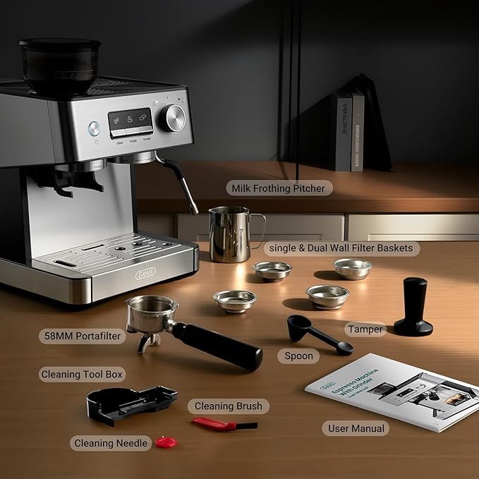 Gevi 20 Bar Espresso Machine with Grinder & Milk Frother, Professional Coffee Maker for Home, Cappuccino & Latte, Removable Water Tank, Steam Wand