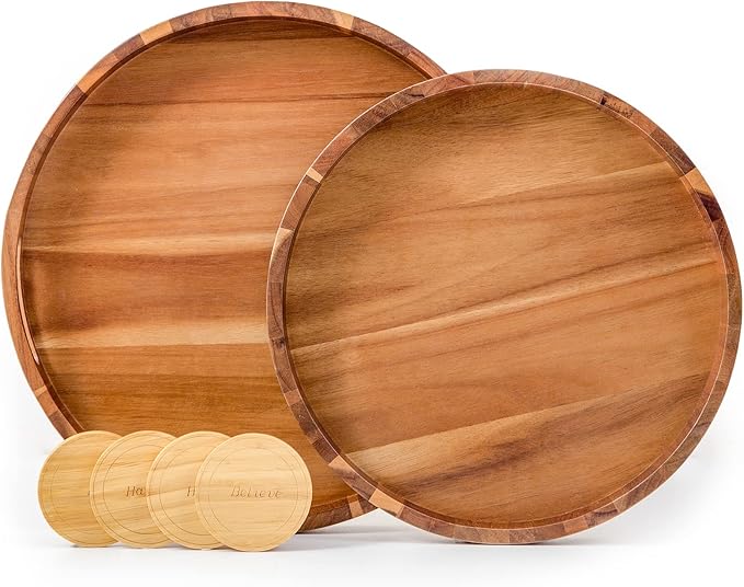 Round Wood Serving Trays Set of 2, Ottoman Tray Rustic Acacia Wooden Trays with Handles, Nesting Circle Tray with 4 Coasters for Coffee Table Living Room Bathroom Bedroom Party