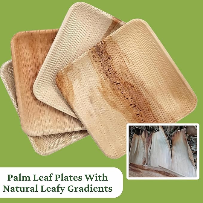 Dtocs Palm Leaf Plates (50) - 10 Inch Square Dinner (25), 7" Dessert (25) | Bamboo Plates Disposable Look Dinnerware Set | Sturdy, Compostable Alternative to Paper, Plastic Party Pack
