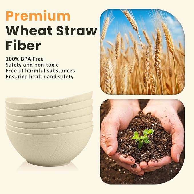 Homienly Salad Bowls Set of 6, 60 OZ Large Wheat Straw Bowls for Kitchen, Camping, Party, Unbreakable Lightweight Popcorn Bowl, Microwave and Dishwasher Safe Bowl Set with Unique Texture - Beige
