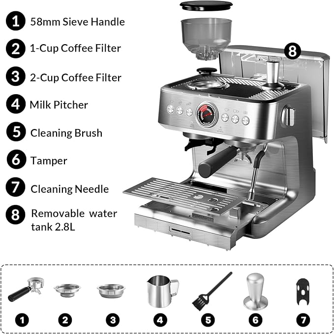 PeakPursuit Espresso Machine, Grinder, 20 Bar Semi-Automatic Coffee Maker with Milk Frother Steam Wand, PID Temperature Control, 2.8L Water Tank,Home Espresso Coffee Maker for Latte, Cappuccino