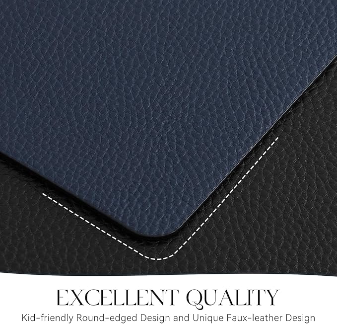 MOSAYT Vinyl Placemats Set of 4, Heat Resistant Place Mats 100% Waterproof Washable & Wipeable Faux Leather Reversible Table Mats for Kitchen Dining Party Indoor Outdoor, 12" x 17", Black/Navy