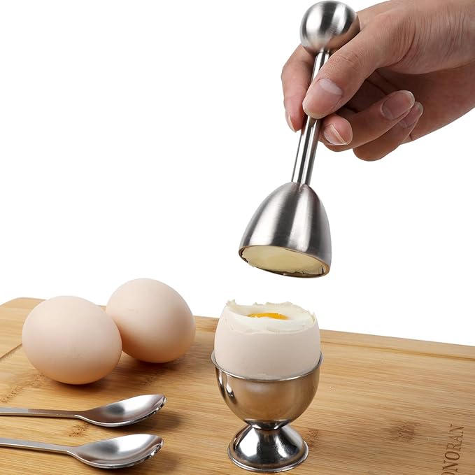 Egg Cracker Topper Set Soft Hard Boiled Eggs Separator Holder Include 4 Egg Spoons and 4 Egg Cups 1 Shells Remover Top Cutter Stainless Steel for Breakfast Kitchen Tool