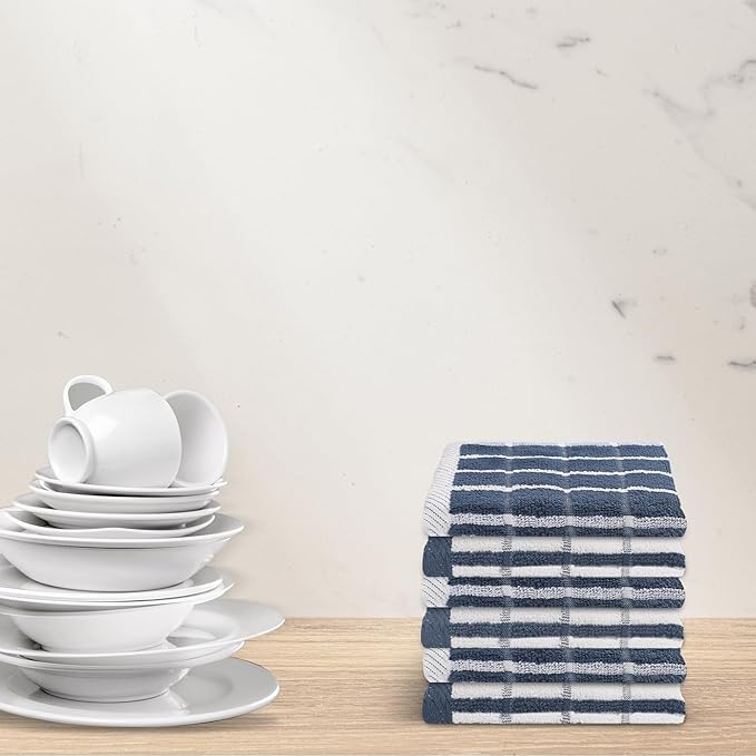 Urban Villa Dish Cloths Terry Cotton Pack of 6, Highly Absorbent Quick Drying Super Soft Premium Dish Towels for Kitchen with Hanging Loop Hand & Tea Towels - 12x12 Inch, (Blue & White, Checks)