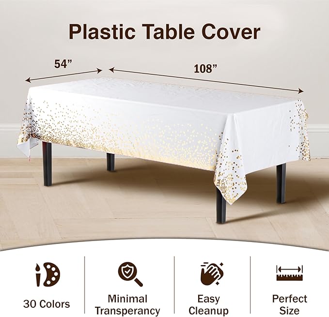 Exquisite Party Solids Black & Gold Dot Rectangular Plastic Tablecloth - 54x108 Inch, 12 Pack