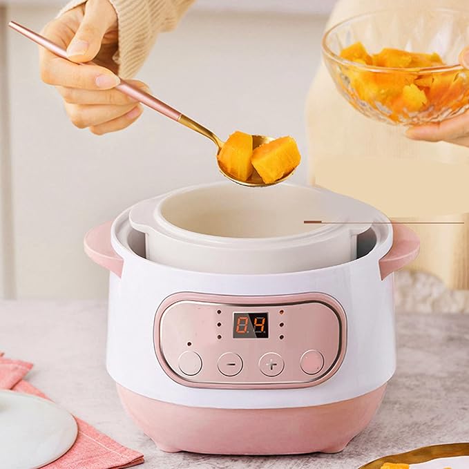 Jiawu Electric Stew Pot, 200W 1L Digital Rice Cooker With Lid, Small Ceramic Cooker Built-in Timer, Makes Soups, Porridges, Grains and Cereals for Individuals (US)