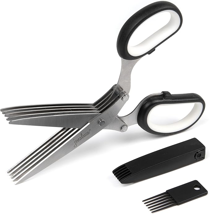 Jenaluca 5 Blade Herb Scissors - Salad Scissors - Cut & Chop Fresh Herbs & Leafy Greens - Stainless Steel Kitchen Shear Set with Cleaning Comb & Safety Cover - Kitchen Gadget - Black