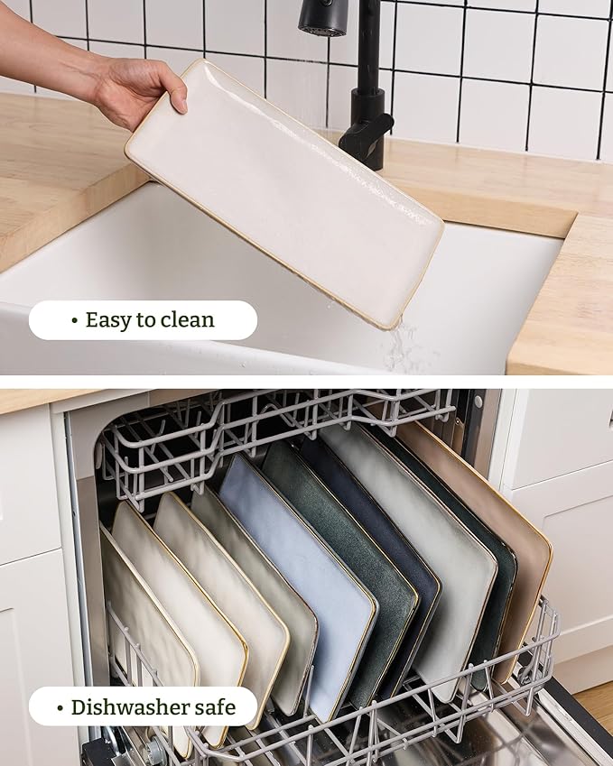 famiware Serving Platter, Rectangular 15.67/14.1/12.6inch Serving Dishes for Entertaining, Microwave Dishwasher Safe, Stoneware Serving Trays for Party, Turkey, Cheese, Ocean Series, Cappuccino White