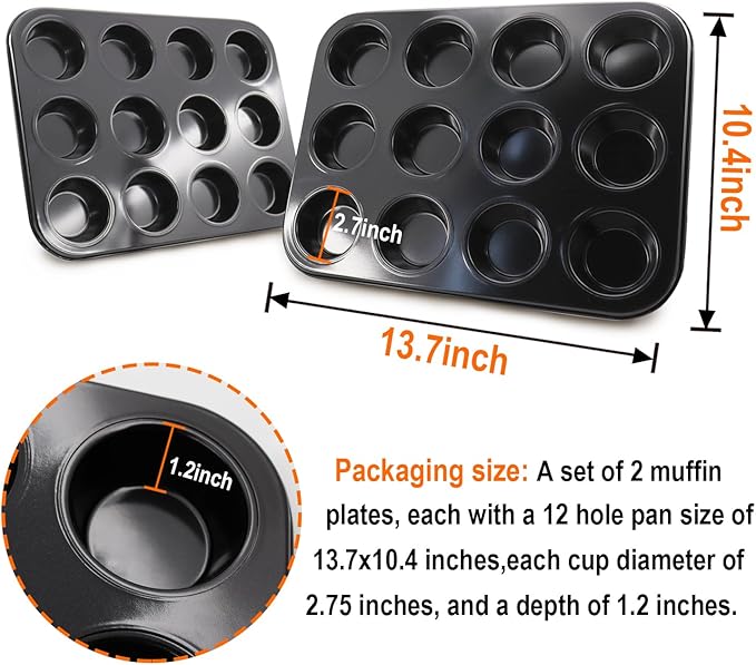 2 Packs Nonstick Round Muffin Baking Pan, Premium Steel Muffin Pan for Baking, Nonstick Cupcake Tin Cheesecake Pans, Bakeware Muffin Top Pan (12 Cups, Black)