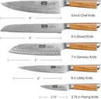 5 Pieces Kitchen Knife Sets, Ultra Sharp Professional Damascus Super Steel Chef Knives Sets with Ergonomic Olive Wood Handle, Including Chef, Bread, Santoku, Utility & Paring Knives