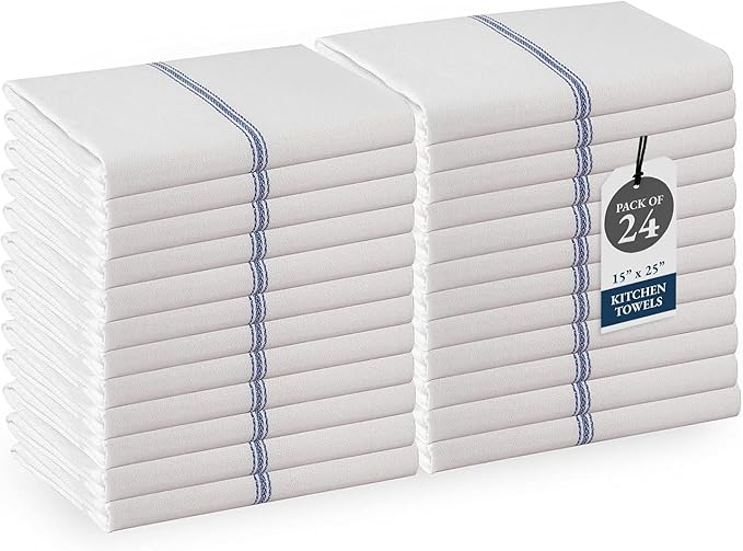 LANE LINEN Kitchen Towel Set - 24 Pack 100% Natural Cotton Absorbent Dish Towels for Kitchen, Reusable Wash Cloths, Machine Washable Hand Cloth, 14"x25", Soft & Durable - Blue Stripe