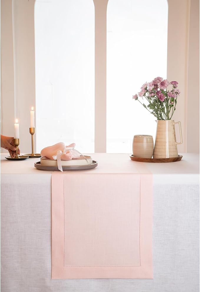 D'Moksha Homes Linen Pastel Pink Table Runner 36 Inches - 100% Pure Linen Small Table Runner 14 x 36 Inch Ideal for Dresser, Coffee Tables, Fall and Halloween - Classic Hemstitch - Classic Hemstitch