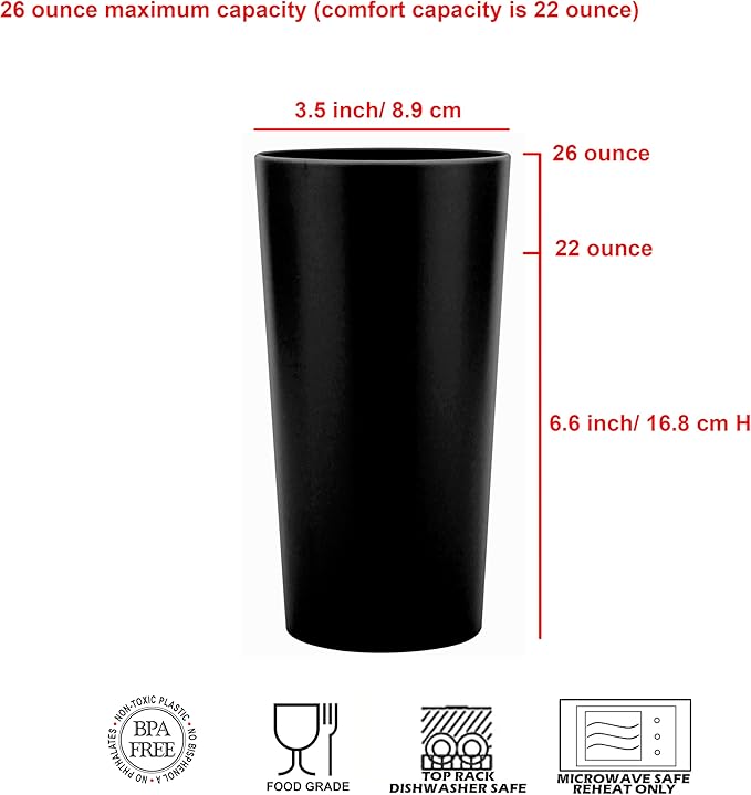 26-ounce Plastic Drinking Glasses Stackable Tumblers Water Cups Mixed Drinkware set of 12 Black, Reusable Shatter-resistant Dishwasher Safe