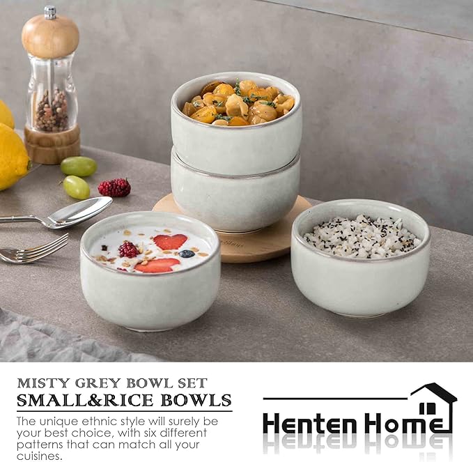 Henten Home Ceramic Salad Bowl Set, 15 OZ Cereal Bowls Set of 4, Porcelain Rice Bowls for Kitchen, Reactive Glaze Serving Soup Bowls for Snack, Pasta, Microwave Safe (Grey)
