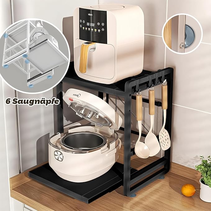 2-Tier Microwave Rack - Height Adjustable & Extendable Kitchen Shelf with Drawer - Carbon Steel - Includes Hooks & Reinforcement Suction Cups - Easy Assembly (Black)