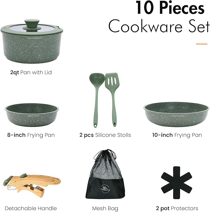 10 Pcs Pots and Pans Set Non Stick, Nonstick Kitchen Cookware Sets Detachable Handle, Induction Pots and Pans Set with Removable Handle, RV Cookware for Camping, Oven Safe, PFOS, PFOA Free, Green
