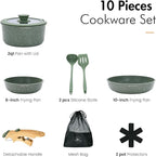 10 Pcs Pots and Pans Set Non Stick, Nonstick Kitchen Cookware Sets Detachable Handle, Induction Pots and Pans Set with Removable Handle, RV Cookware for Camping, Oven Safe, PFOS, PFOA Free, Green