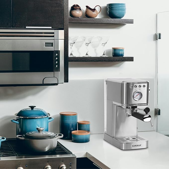 CHULUX Slim Espresso Machine with Milk Frother Steam Wand, 20 Bar Professional Italian Pump Espresso Coffee Machine for Home Cappuccino & Latte Maker, Silver