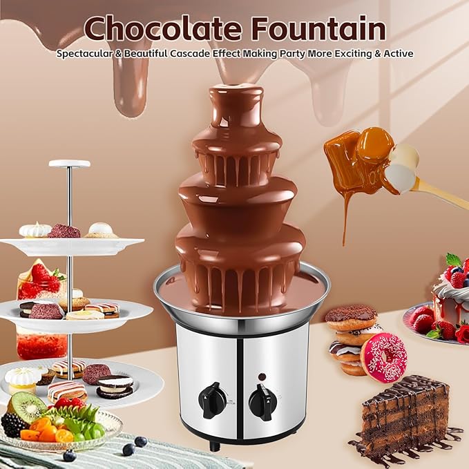 Chocolate Fountain Machine – Electric Stainless Steel Fondue Fountain, 4-Tier, 4-Pound Capacity for Chocolate, Candy, Butter & Cheese, Heated Bowl & Dual Controls