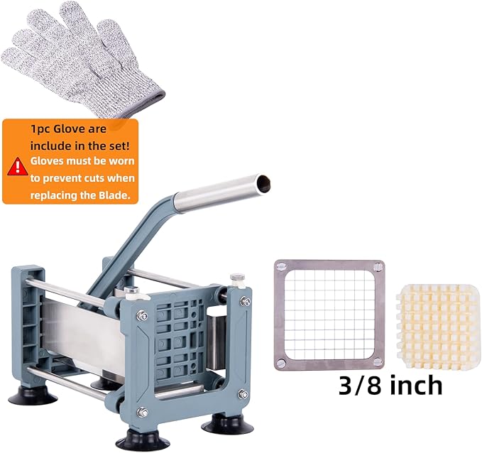 Rismonar French Fry Cutter Potato Slicer Stainless Steel With 1/2in 1/4in 3/8in Blade for Carrots Cucumbers Vegetables (Green, Machine + 3/8)