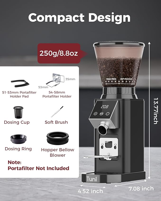 Tuni G1 Conical Burr Coffee Grinder, 48 Grind Settings Anti-static Burr Mill, Precision Electronic Timer and LED Touchscreen for Espresso/Drip/Cold Brew/French Press, Stainless Steel, Noir