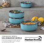 Henten Home Ceramic Cereal Bowl Set, 26 OZ Noodle Bowls Set of 4, Porcelain Salad Bowls for Kitchen, Reactive Glaze Serving Soup Bowls for Ramen, Oatmeal, Microwave Safe (Aqua)