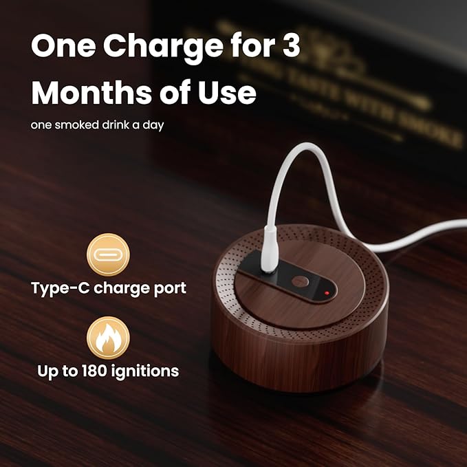 Vintage Electric Whiskey Smoker Kit with 8 Wood Chip Flavors – Rechargeable Whiskey Smoker with Built-in Ignition, Fuel-Free – For Men, Dad, Husband on Special Occasions – Wood Grain Design