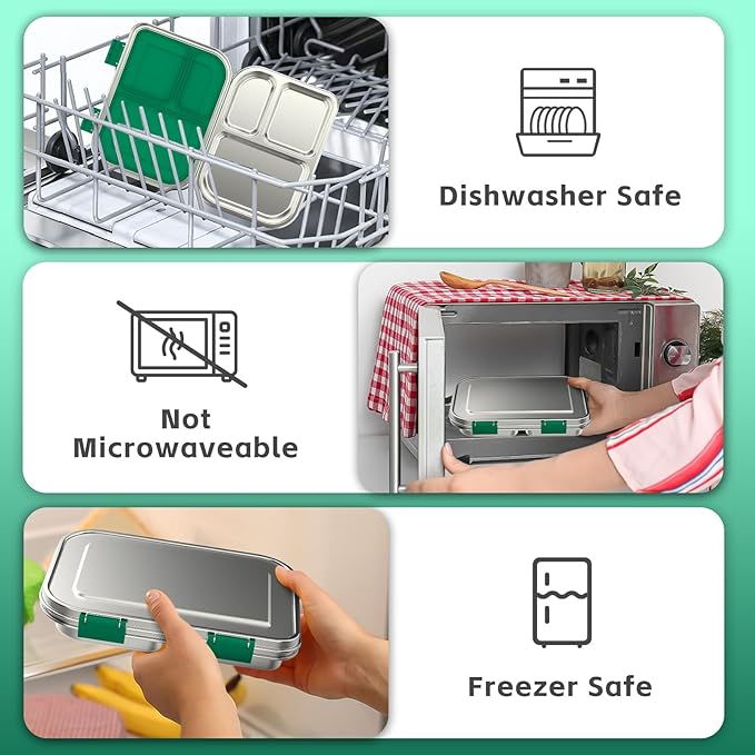 Stainless Steel Kids Leak-Resistant Bento Lunch Box, 3-Compartments with Silicone Container, Dishwasher-Safe, Child-Friendly Design for School, Picnics & Travel,BPA-Free (Green)
