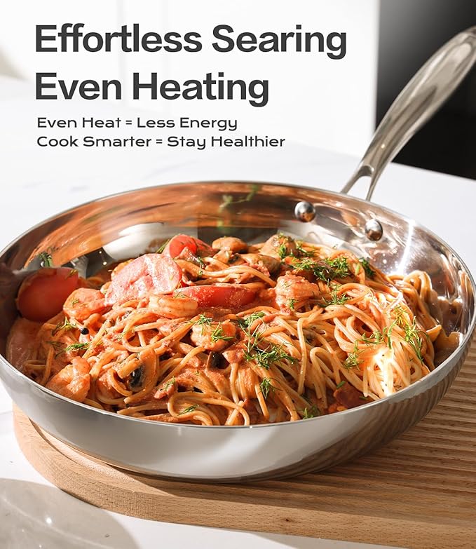 12" Stainless Steel Frying pan W/Lid, 3-Ply Stainless Steel Pan, Induction, Oven Broiler Safe 600F Skillet, Professional Cookware, Polished Sliver