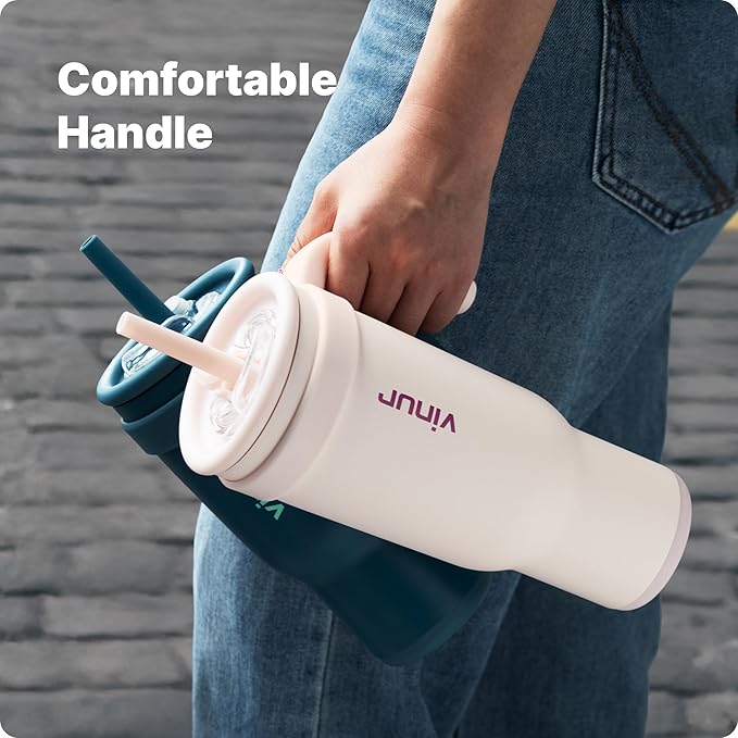 VINUR 40 oz Insulated Tumbler with Handle|Leak-Proof Lid|18/8 Stainless Steel Vacuum Coffee Mug Cup for Travel with Rubber Base | Cup Holder Friendly| Gifts for Women, Cream
