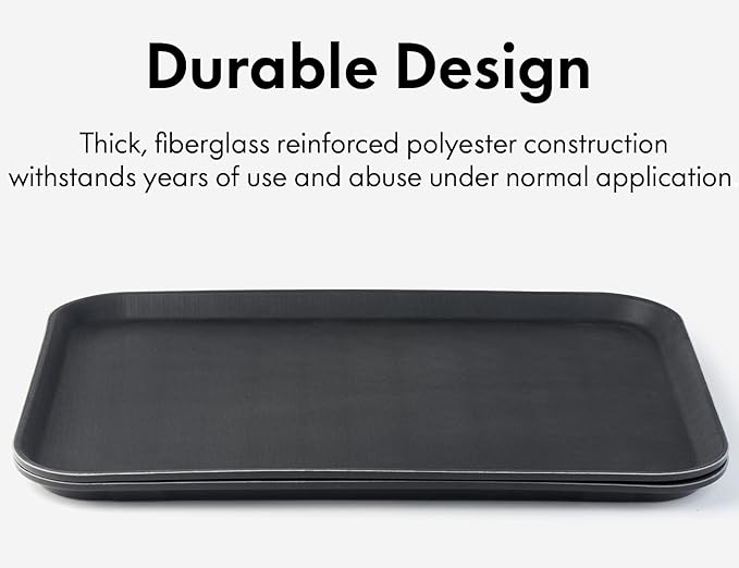 CURTA 2-Pack Restaurant Grade Non-Slip Tray, NSF, 22 Inch x 16 Inch, Plastic Rubber Lined Rectangular Serving Tray, Black