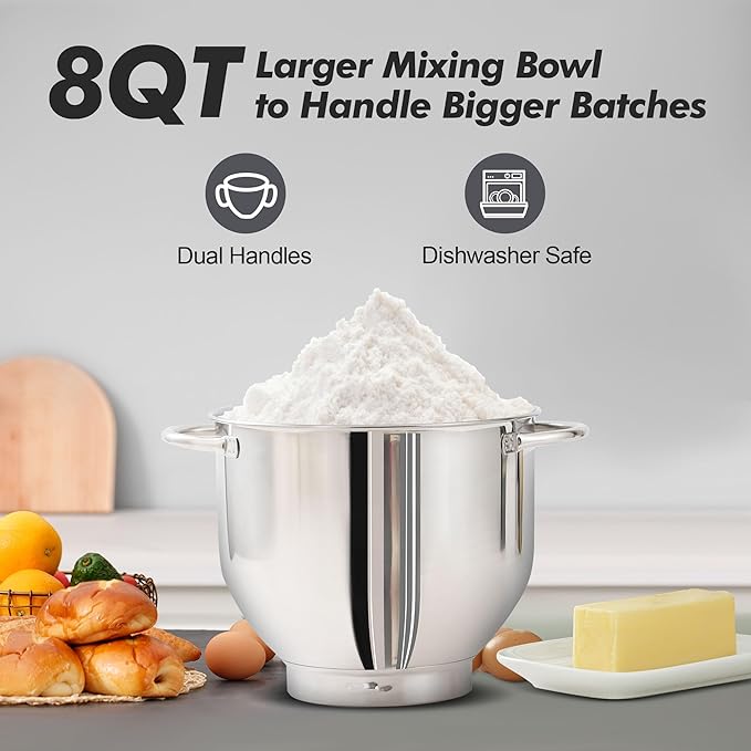 Aucma Stand Mixer, 900W 8QT Large Kitchen Mixer, Kitchen Electric Mixers with Dough Hook, Wire Whip & Beater (Gray, 8QT)