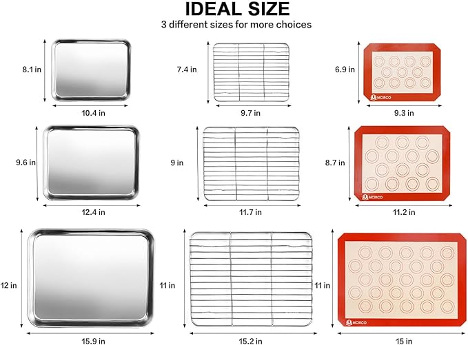 Stainless Steel Baking Sheet Tray Cooling Rack with Silicone Baking Mat Set, Cookie Pan with Cooling Rack, Set of 9 (3 Sheets + 3 Racks + 3 Mats), 10/12/16 Inch, Easy Clean