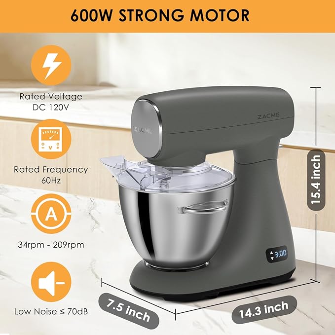 ZACME Mixers Kitchen Electric Stand Mixer 5.5QT 600W, Aluminum die casting and Gears, Dual Cooling System, Low Noise, DC Motor, LED Display and Timing Function, Tilt-head Metal Food Mixer, Grey