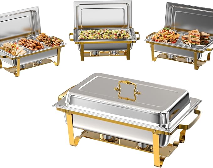 Chafing Dishes for Buffet 4 Pack, 9Qt Chafing Dish Buffet Set with Different Food Pans Combo, Food Warmers for Parties Buffet, Events & Weddings, Gold