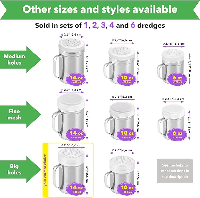 CUSINIUM 14oz Metal Parmesan Cheese Shakers with Large Holes - With Handle - Chili Flakes Dispensers - Pizza Shakers - Pack of 3 | Style: Coarse